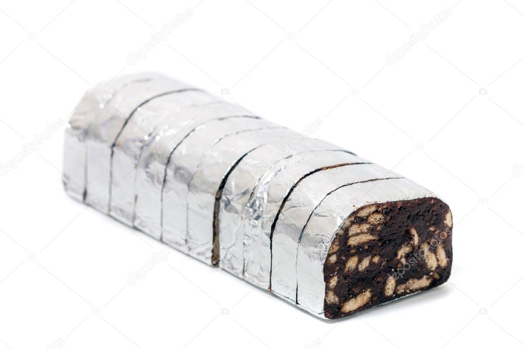 Traditional portuguese sweet chocolate salame isolated on a white background.