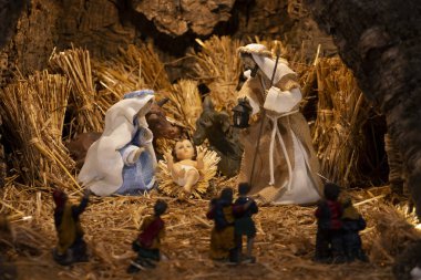 VILA REAL SANTO ANTONIO, PORTUGAL - 28th DECEMBER 2019: Christmas Nativity scene exhibition of many figurines depicting daily life across different business and religious activities.