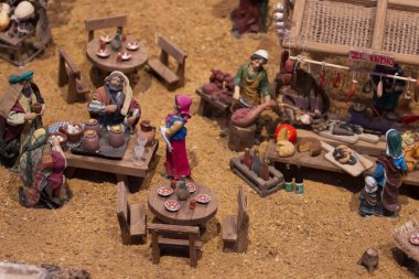 VILA REAL SANTO ANTONIO, PORTUGAL - 28th DECEMBER 2019: Christmas Nativity scene exhibition of many figurines depicting daily life across different business and religious activities.