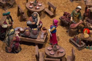 VILA REAL SANTO ANTONIO, PORTUGAL - 28th DECEMBER 2019: Christmas Nativity scene exhibition of many figurines depicting daily life across different business and religious activities.