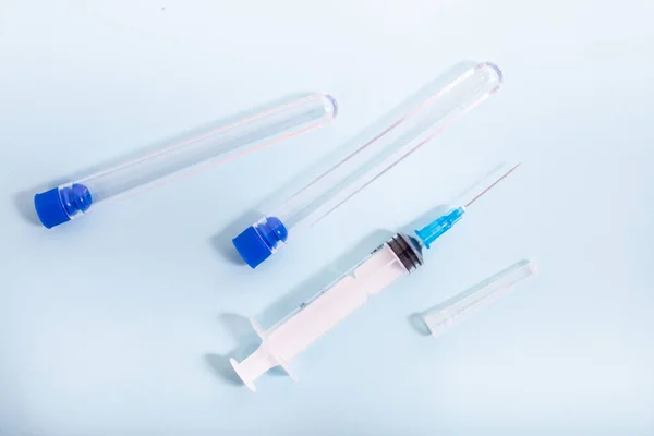 Syringe Testing Vials Light Blue Background — Stock Photo, Image