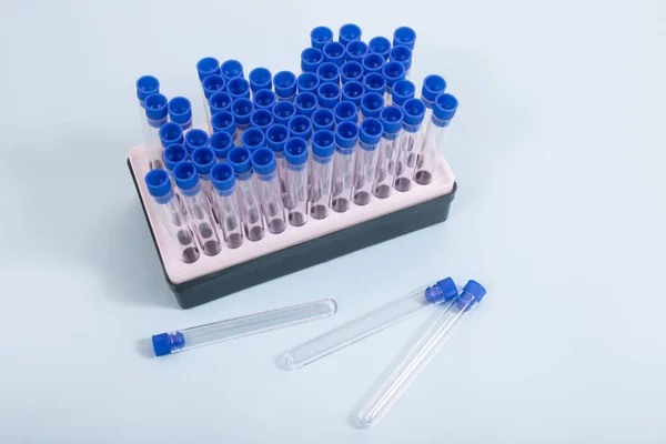 Vial Rack Filled Testing Tubes Isolated Blue Background — Stock Photo, Image