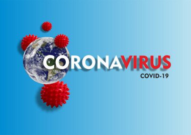 Coronavirus metni, kırmızı virüs ve mavi arka planda Dünya gezegeni. NASA tarafından desteklenen bu görüntünün bazı unsurları.