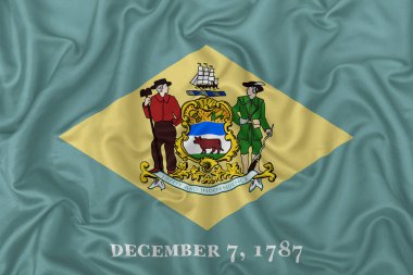 Dalgalı ipek kumaş arkaplanda delaware eyalet bayrağı.