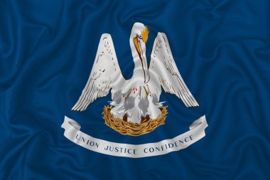 Dalgalı ipek kumaş arkaplanda Louisiana eyalet bayrağı.