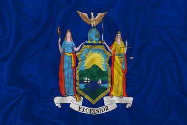 New York eyaleti bayrağı dalgalı ipek kumaş arkaplanda.