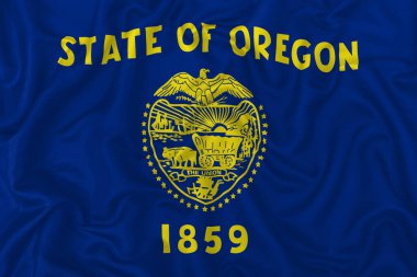 Oregon eyaleti bayrağı dalgalı ipek kumaş arkaplanda.