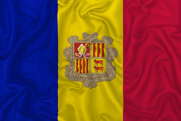 Bandera Del País Andorra Sobre Fondo Tela Seda Ondulada — Foto de Stock
