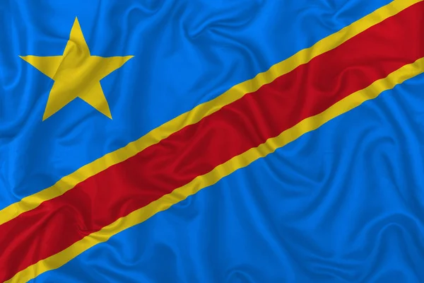 Dalgalı Ipek Kumaş Arka Planında Demokratik Kongo Cumhuriyeti Bayrağı — Stok fotoğraf