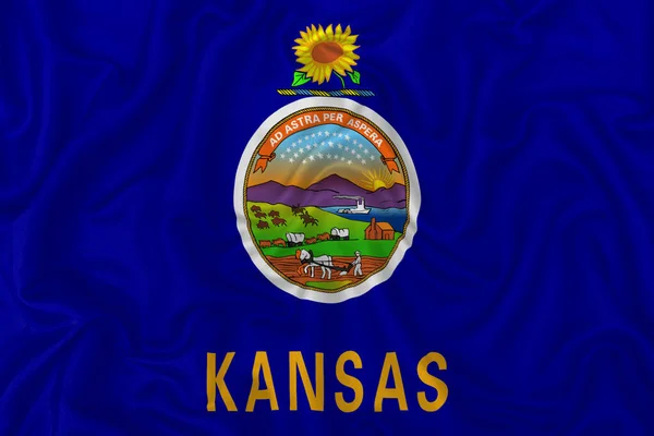 Kansas Staatsvlag Een Golvende Zijde Satijnen Stof Textuur Achtergrond — Stockfoto