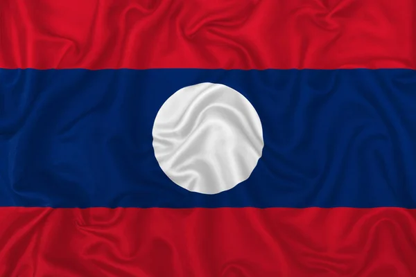 Laos Flagge Auf Welligem Seidenen Textilstoff Hintergrund — Stockfoto
