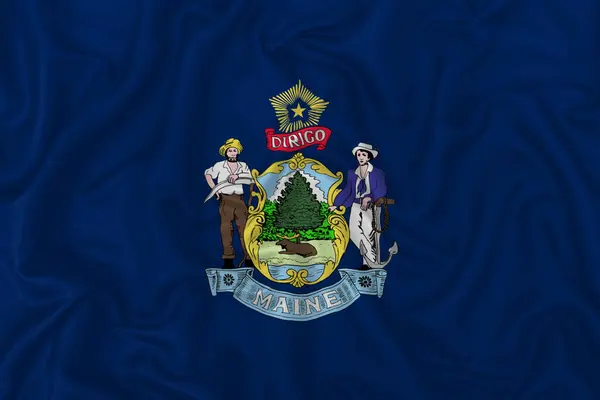 Maine State Flagge Auf Einem Gewellten Seide Satin Stoff Textur — Stockfoto