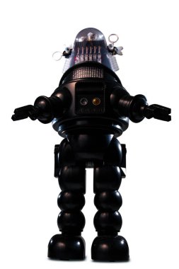 Beyaz arka planda izole edilmiş klasik bir robot oyuncak..