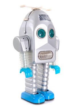 Beyaz arka planda izole edilmiş klasik bir robot oyuncak..