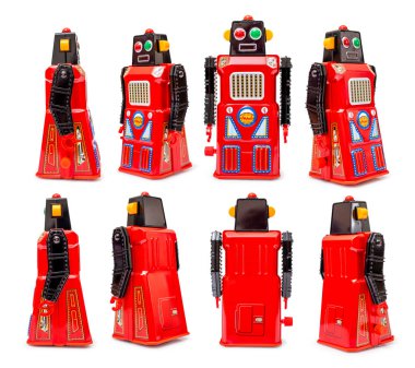 Beyaz arka planda izole edilmiş klasik bir robot oyuncak..