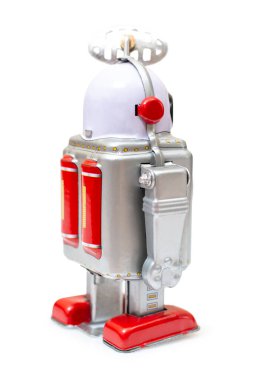 Beyaz arka planda izole edilmiş klasik bir robot oyuncak..