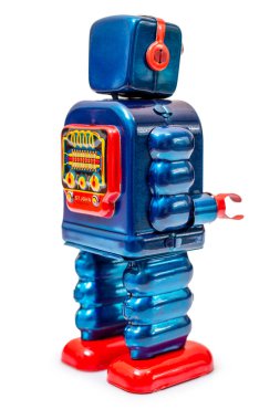 Beyaz arka planda izole edilmiş klasik bir robot oyuncak..