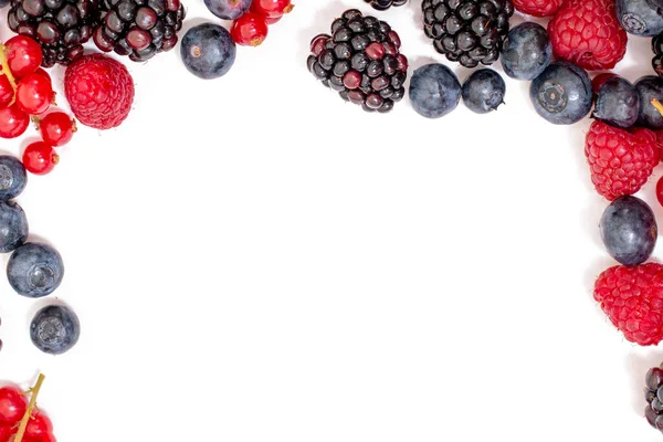 Close View Some Fresh Mix Fruit Berries Copyspace Isolated White — Zdjęcie stockowe