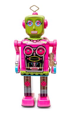 Beyaz arka planda izole edilmiş klasik bir robot oyuncak..