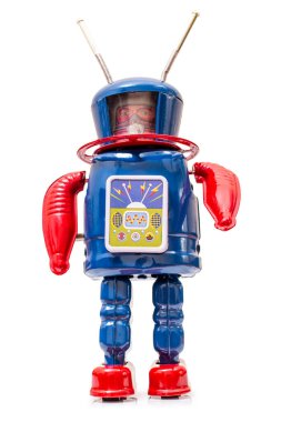 Beyaz arka planda izole edilmiş klasik bir robot oyuncak..
