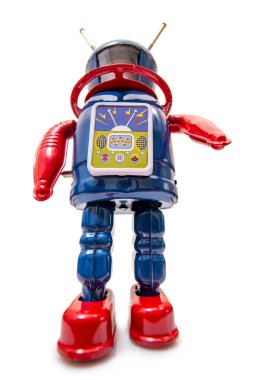 Beyaz arka planda izole edilmiş klasik bir robot oyuncak..