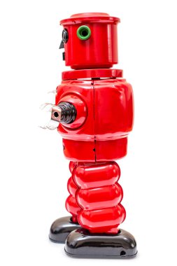 Beyaz arka planda izole edilmiş klasik bir robot oyuncak..