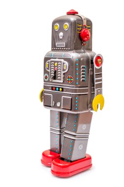 Beyaz arka planda izole edilmiş klasik bir robot oyuncak..