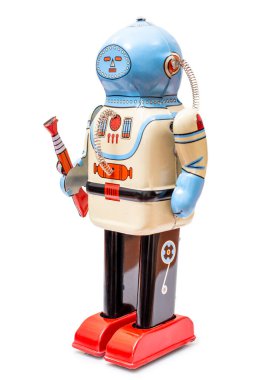 Beyaz arka planda izole edilmiş klasik bir robot oyuncak..
