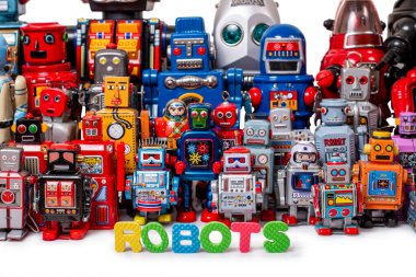 Renkli, karışık, köpük harfli teneke robot oyuncakları koleksiyonunu kapat.