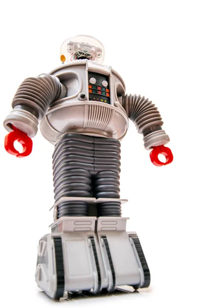 白色背景的老式锡制机器人玩具 — 图库照片