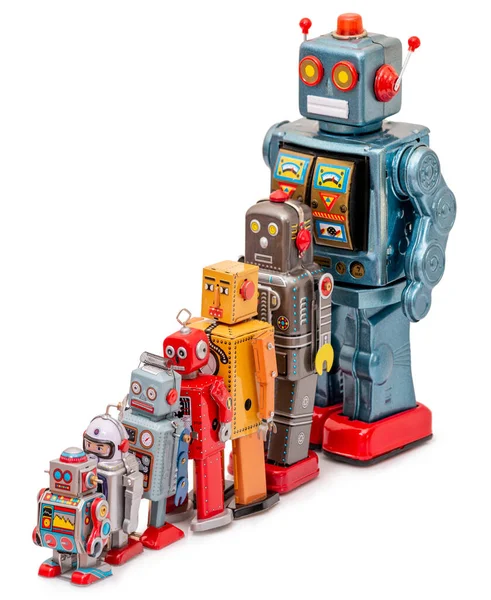 Vista Cerca Colección Juguetes Robot Estaño Vintage Mixto Colorido Pequeño — Foto de Stock
