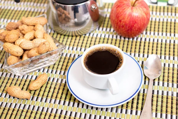 Portuguese Cup Expresso Coffee Goober Peanuts Fruit Bamboo Rolling Mat — Stock Photo, Image