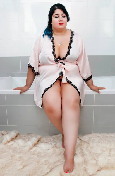 Woman Sensual Pink Bathrobe Lingerie Bathtub — Stock Photo, Image