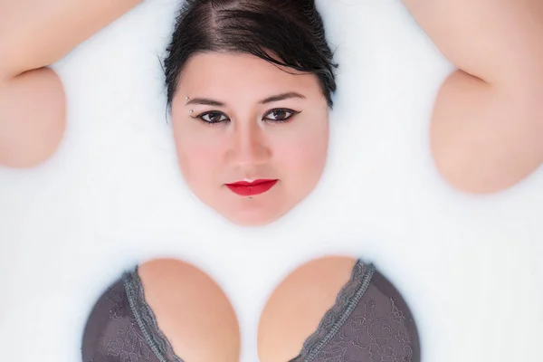 Woman Wearing Sensual Lingerie Milky Bathtub — Stock Photo, Image