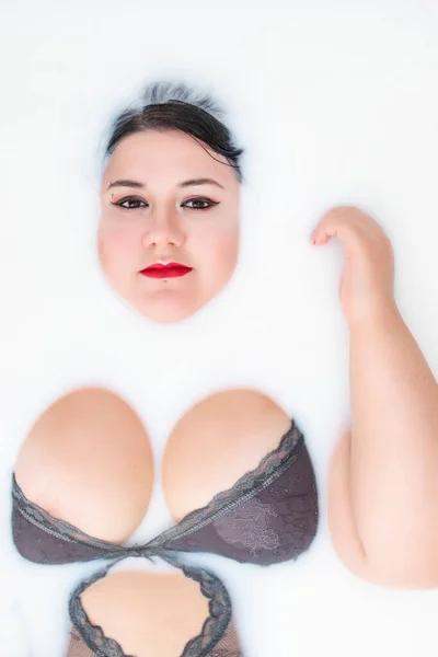 Woman Wearing Sensual Lingerie Milky Bathtub — Stock Photo, Image