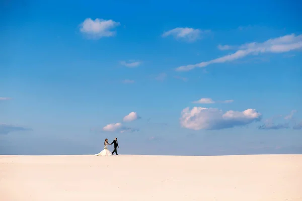 Novia Novio Están Caminando Desierto Una Vista Desde Lejos Cielo — Foto de Stock