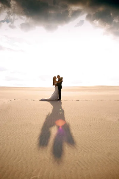 Braut Und Bräutigam Umarmen Sich Der Wüste Gegen Den Sonnenuntergang — Stockfoto