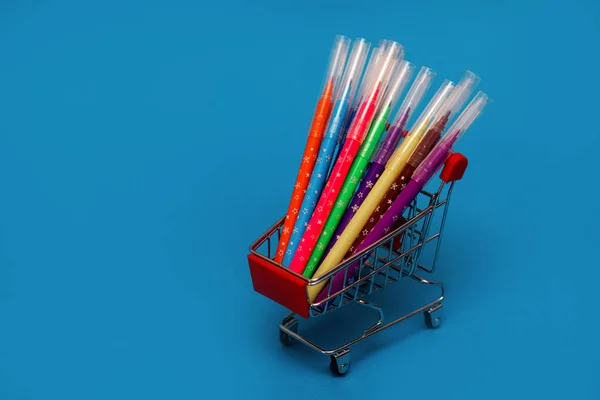 Trolley Colorful Felt Tip Pens Blue Background Objects Drawing Drawing — Stock Photo, Image