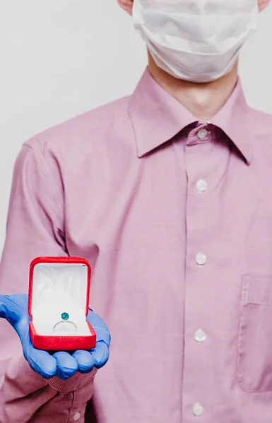 Man Medical Mask Gloves Engagement Ring — Stock Photo, Image