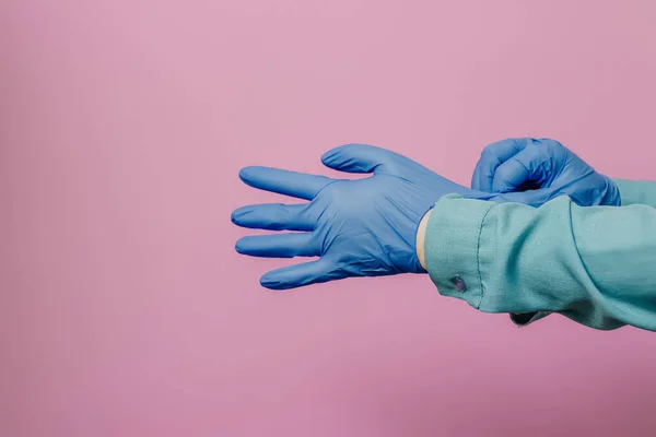 Girl Puts Medical Gloves — Stock Photo, Image