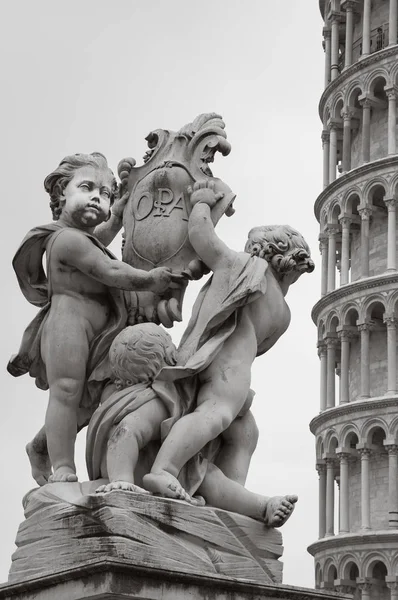 Leaning Tower Pisa Fontana Dei Putti Statue Italy Black White — Stock Photo, Image
