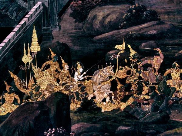 罗摩衍那壁画，外墙的国王宫殿班戈泰国 — 图库照片