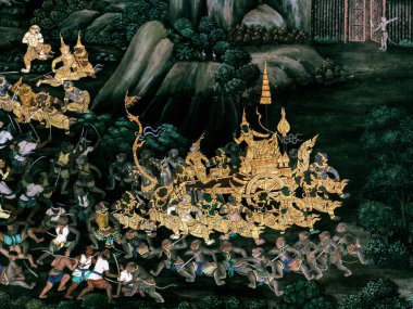 Olay yerinden Ramakien Tay Ramayana, geleneksel duvar Wat Phra Kaew Kral Bangkok, Tayland sarayda boyama harikası