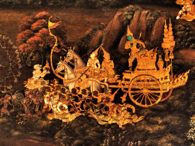 Olay yerinden Ramakien Tay Ramayana, geleneksel duvar Wat Phra Kaew Kral Bangkok, Tayland sarayda boyama harikası
