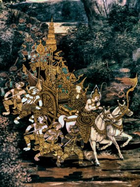 Olay yerinden Ramakien Tay Ramayana, geleneksel duvar Wat Phra Kaew Kral Bangkok, Tayland sarayda boyama harikası