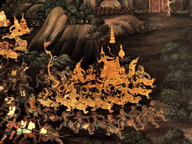 Olay yerinden Ramakien Tay Ramayana, geleneksel duvar Wat Phra Kaew Kral Bangkok, Tayland sarayda boyama harikası