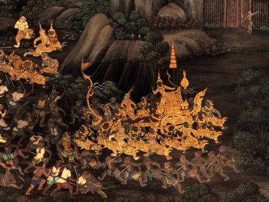 Olay yerinden Ramakien Tay Ramayana, geleneksel duvar Wat Phra Kaew Kral Bangkok, Tayland sarayda boyama harikası