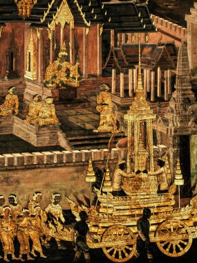 Olay yerinden Ramakien Tay Ramayana, geleneksel duvar Wat Phra Kaew Kral Bangkok, Tayland sarayda boyama harikası