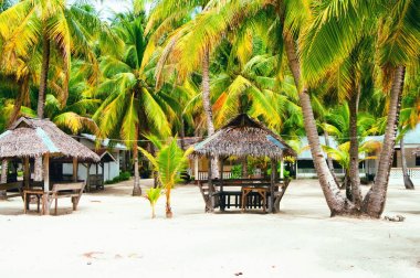 Nipa kulübelerde avuç içi ile çevrili beyaz mercan kum plaj