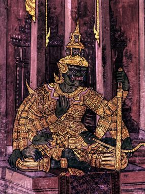 Olay yerinden Ramakien Tay Ramayana, geleneksel duvar Wat Phra Kaew Kral Bangkok, Tayland sarayda boyama harikası